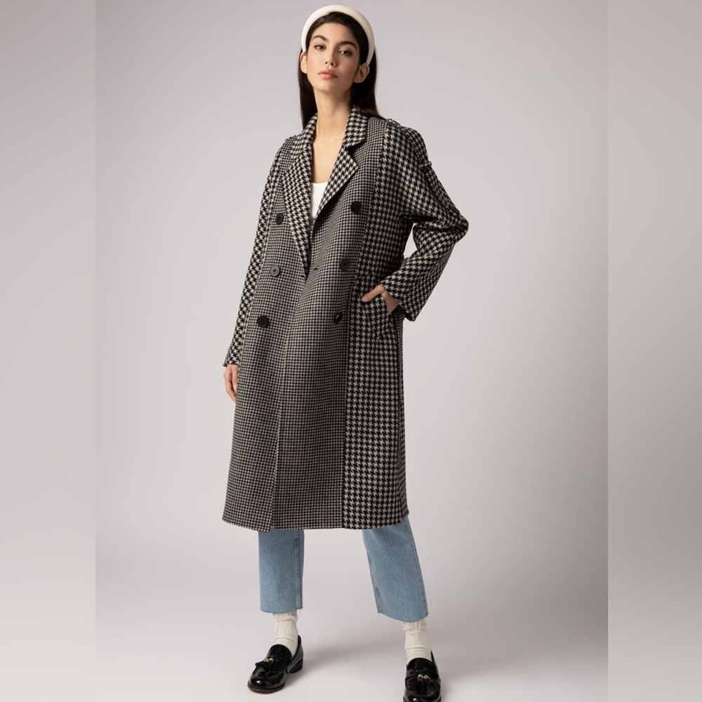 Classic Black and White Houndstooth Trench Coat